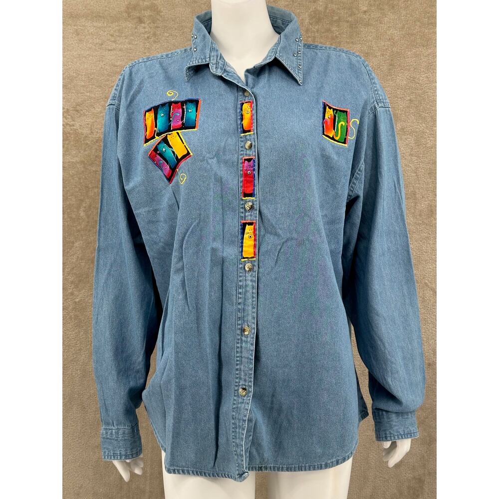 Tri-Mountain Top Womens XL Blue Button Up Tunic Denim Cat Lady Artsy 100% Cotton